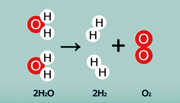 ▲물(H2O)이 수소(H2)와 산소(O2)로 분해되는 과정을 표현한 화학식이다. (사진출처=한국화학연구원)